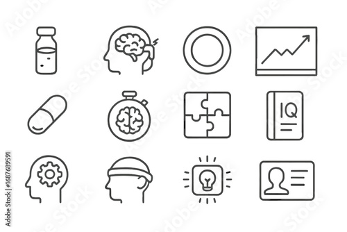 Cognitive Enhancement Icons. Line style icons of cognitive enhancement tools: attention booster vial, brain zapper clip,