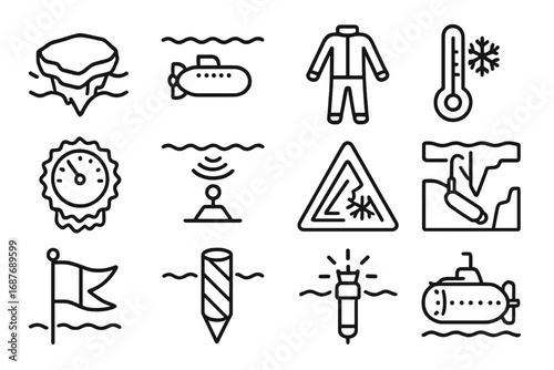 Polar Exploration Icons. Line style icons of polar deep dives: ice floe marker, sub under ice diagram, thermal suit icon, subzero