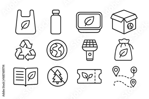 Eco Geocaching Icons. Line style icons of eco-friendly geocaching gear: biodegradable bag, refillable bottle, reusable container,