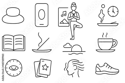 Tech-Free Mindfulness Icons. Line style icons of tech-free mindfulness: meditation seat, breathing app closed, nature audio card,