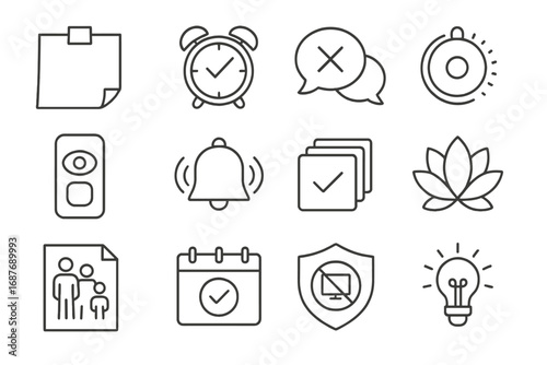 Digital Boundary Icons. Line style icons of digital boundary reminders: tech limit post-it, reset alarm icon, peer detox chat,
