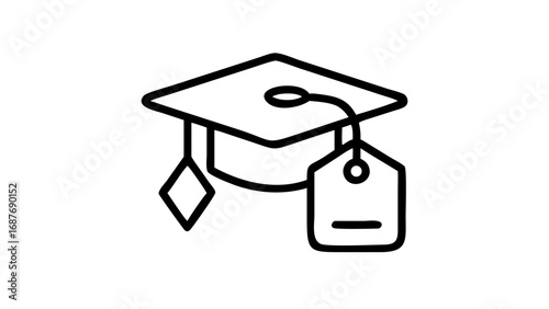 Line art icon of a graduation cap with a price tag, symbolizing the cost of education and student debt.
