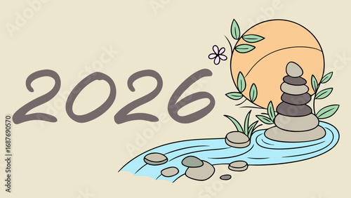 Illustration of the year 2026 with a zen stone stack and river.