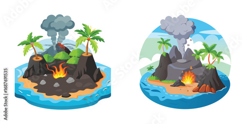Dramatic volcanic island lava floating vector art design illustration