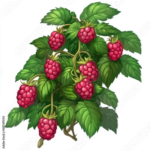 Sweet red raspberries with fresh green leaves on a branch
