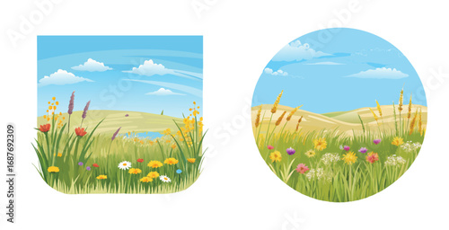 Prairie grassland filled with swaying tall flowers vector art design illustration