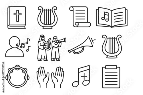 Musical Worship Icons. Line style icons of Bible and music: harp of David, psalm scroll, worship lyrics, choir book, singing
