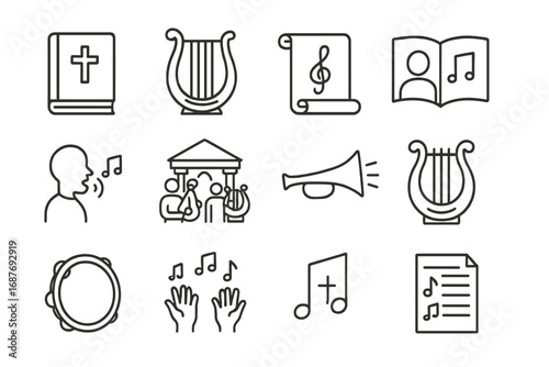 Musical Worship Icons. Line style icons of Bible and music: harp of David, psalm scroll, worship lyrics, choir book, singing