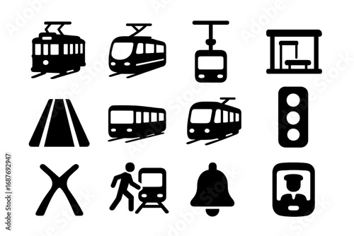 Tram Icons Collection. Solid style icons of trams and streetcars: classic tram, modern streetcar, overhead line connector, city
