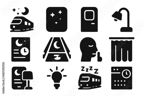 Night Train Icons. Solid style icons of night trains: train at night, starry sky window, sleeper car door, reading lamp, night