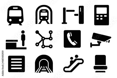 Subway Icons Collection. Solid style icons of subway systems: subway train front, subway entrance, turnstile, ticket vending