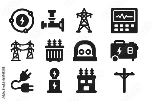 Energy Infrastructure Icons. Solid style icons of energy infrastructure: energy hub, pipeline route, transmission line, control