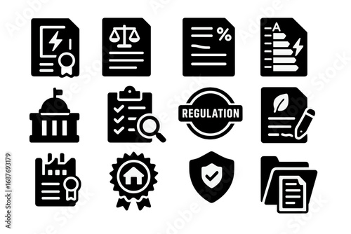 Energy Policy Icons. Solid style icons of energy policy and regulation: energy certificate, law document icon, tax rebate file,