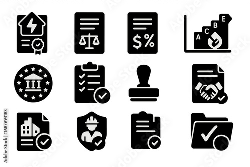 Energy Policy Icons. Solid style icons of energy policy and regulation: energy certificate, law document icon, tax rebate file,