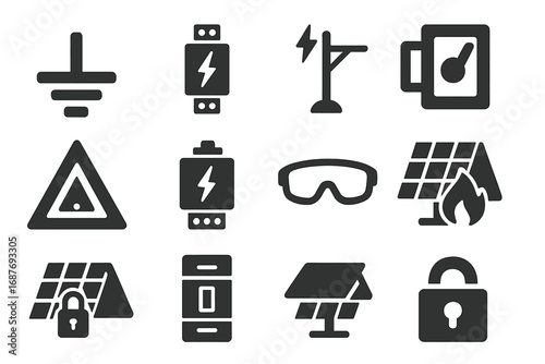 Solar Safety Icons. Solid style icons of solar safety and protection: ground wire, surge protector, lightning rod, shutdown switch