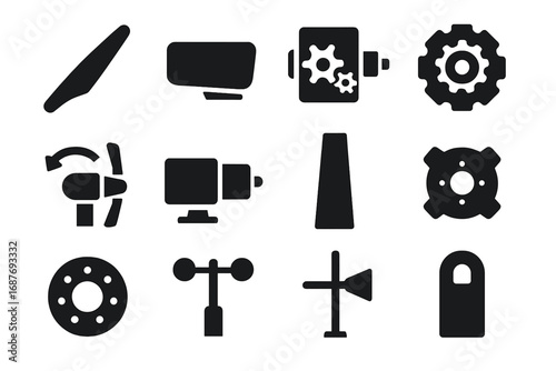 Wind Turbine Components Icons. Solid style icons of wind turbine components: rotor blade, nacelle body, generator core, gearbox