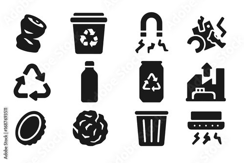 Metal Recycling Icons. Solid style icons of metal recycling: crushed can, aluminum recycling bin, magnet picking metal, metal