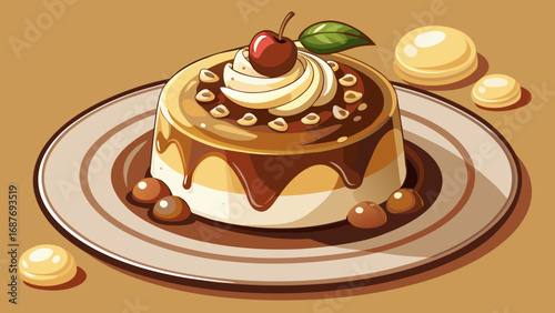 Budino, the Italian custard dessert, gleams with chocolate richness, topped with cream and nuts. Presented on a minimal dish, isolated background emphasizes smooth texture, comfort, and homely indulge