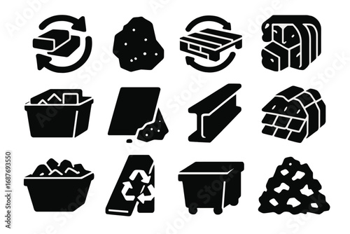Construction Recycling Icons. Solid style icons of construction recycling: brick icon with arrows, concrete chunk symbol, wood