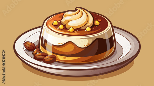 Budino, the Italian custard dessert, gleams with chocolate richness, topped with cream and nuts. Presented on a minimal dish, isolated background emphasizes smooth texture, comfort, and homely indulge