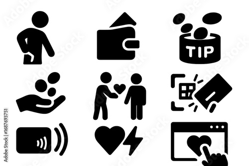 Spontaneous Donation Icons. Solid style icons of spontaneous donations: person reaching into pocket, wallet drop into box, tip jar
