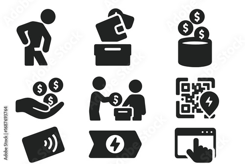 Spontaneous Donation Icons. Solid style icons of spontaneous donations: person reaching into pocket, wallet drop into box, tip jar