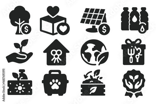 Eco Donation Icons. Solid style icons of eco donations: tree with coin icon, recycling box with heart, solar panel donation, water