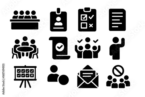 Jury Deliberation Icons. Solid style icons of jury and deliberation: jury box, juror badge, vote tally icon, deliberation paper,