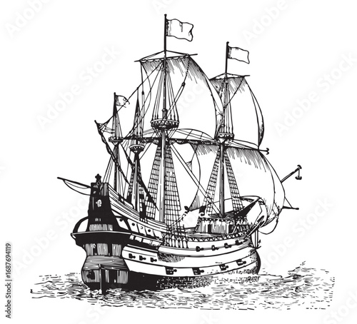 Vintage Sailing Ship on Waves – Hand Drawn Nautical Engraving Vector Illustration