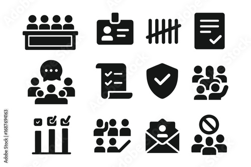 Jury Deliberation Icons. Solid style icons of jury and deliberation: jury box, juror badge, vote tally icon, deliberation paper,