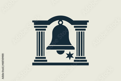 A graphic of a bell hanging between two pillars with a star at the base on a light background