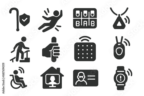 Senior Safety Icons. Solid style icons of elderly and senior safety: walking stick with shield, fall detection alert, medication