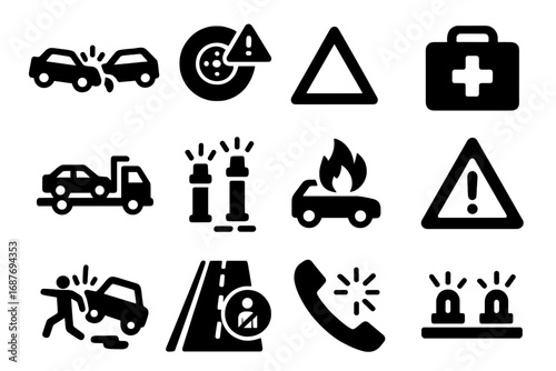 Traffic Emergency Icons. Solid style icons of road and traffic emergencies: car crash icon, tire blowout alert, broken vehicle