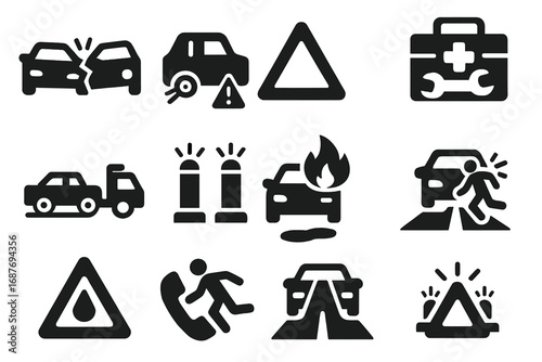 Traffic Emergency Icons. Solid style icons of road and traffic emergencies: car crash icon, tire blowout alert, broken vehicle