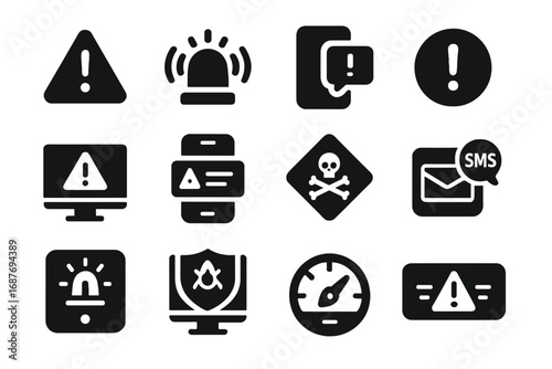 Emergency Alert Icons. Solid style icons of emergency alerts and notifications: warning triangle with exclamation, red flashing