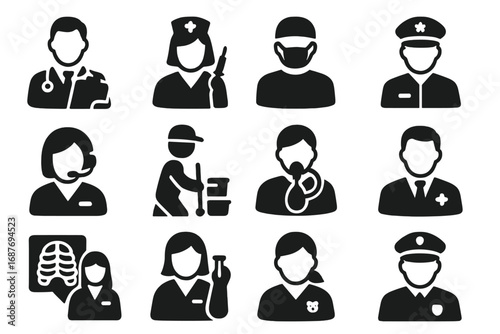 Hospital Staff Icons. Solid style icons of hospital staff: doctor with clipboard, nurse with syringe, surgeon with mask, emergency
