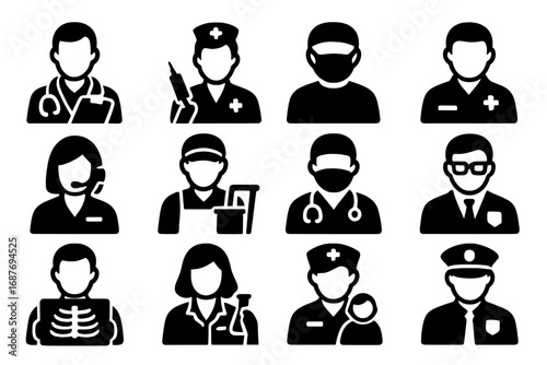 Hospital Staff Icons. Solid style icons of hospital staff: doctor with clipboard, nurse with syringe, surgeon with mask, emergency