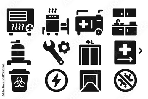 Hospital Infrastructure Icons. Solid style icons of hospital environment and infrastructure: hospital HVAC system, air purifier in