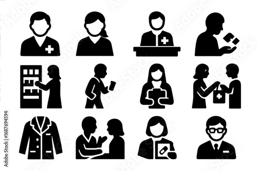 Pharmacy Staff Icons. Solid style icons of pharmacists and staff: pharmacist with cross badge, pharmacy technician icon,