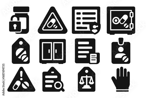 Controlled Substance Icons. Solid style icons of controlled substances: lock on pill bottle, restricted drug label, schedule list