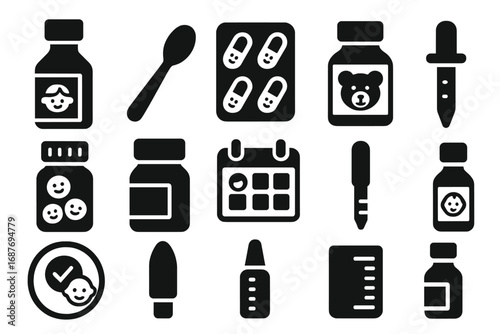 Pediatric Medicine Icons. Solid style icons of pediatric drug use: flavored syrup bottle, child dosage spoon, cute capsule pack,