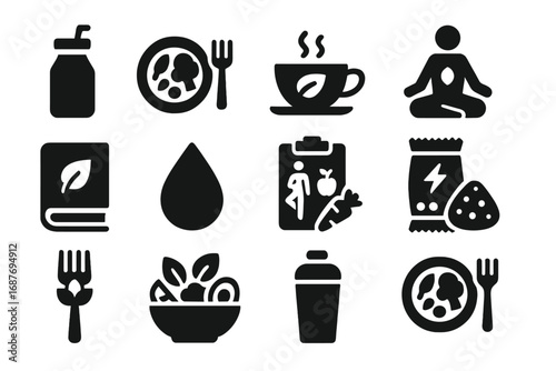 Yoga and Nutrition Icons. Solid style icons of yoga and nutrition: healthy smoothie bottle, vegan meal plate, herbal tea cup,