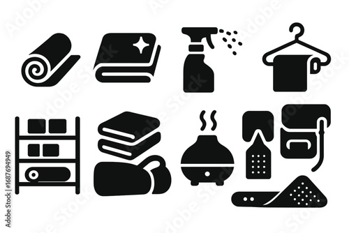 Yoga Equipment Icons. Solid style icons of yoga props and equipment maintenance: rolled mat icon, clean towel graphic, sanitizing