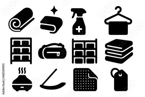 Yoga Equipment Icons. Solid style icons of yoga props and equipment maintenance: rolled mat icon, clean towel graphic, sanitizing