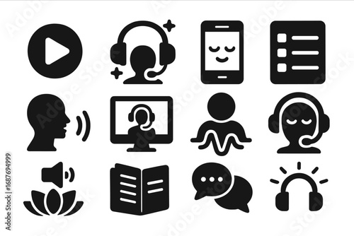 Guided Meditation Icons. Solid style icons of guided meditation: voice play icon, headset with sparkles, mobile app with calm face
