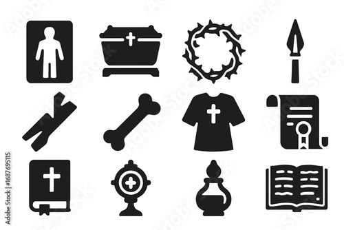 Christian Relics Icons. Solid style icons of Christian relics and sacred items: shroud, relic box, crown of thorns, holy lance,