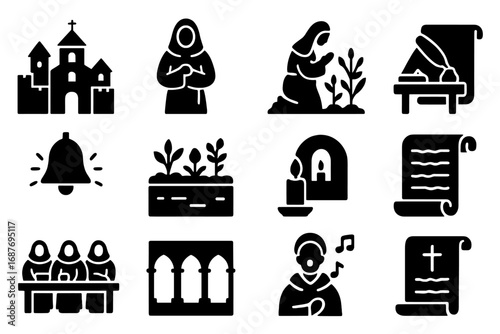 Monastic Life Icons. Solid style icons of Christian monastic life: monastery building, monk in robe, nun in garden, scriptorium