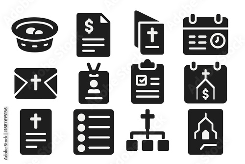 Church Administration Icons. Solid style icons of church administrative items: offering basket, donation record, church bulletin,