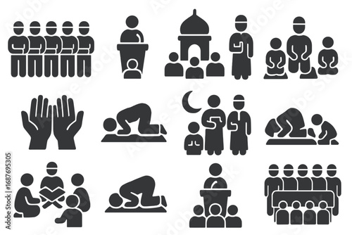 Mosque Rituals Icons. Solid style icons of mosque rituals and gatherings: group prayer line, Friday sermon, Eid congregation, imam