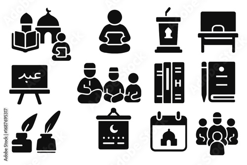 Islamic Education Symbols. Solid style icons of mosque education and learning: Quran memorization session, student with tablet,